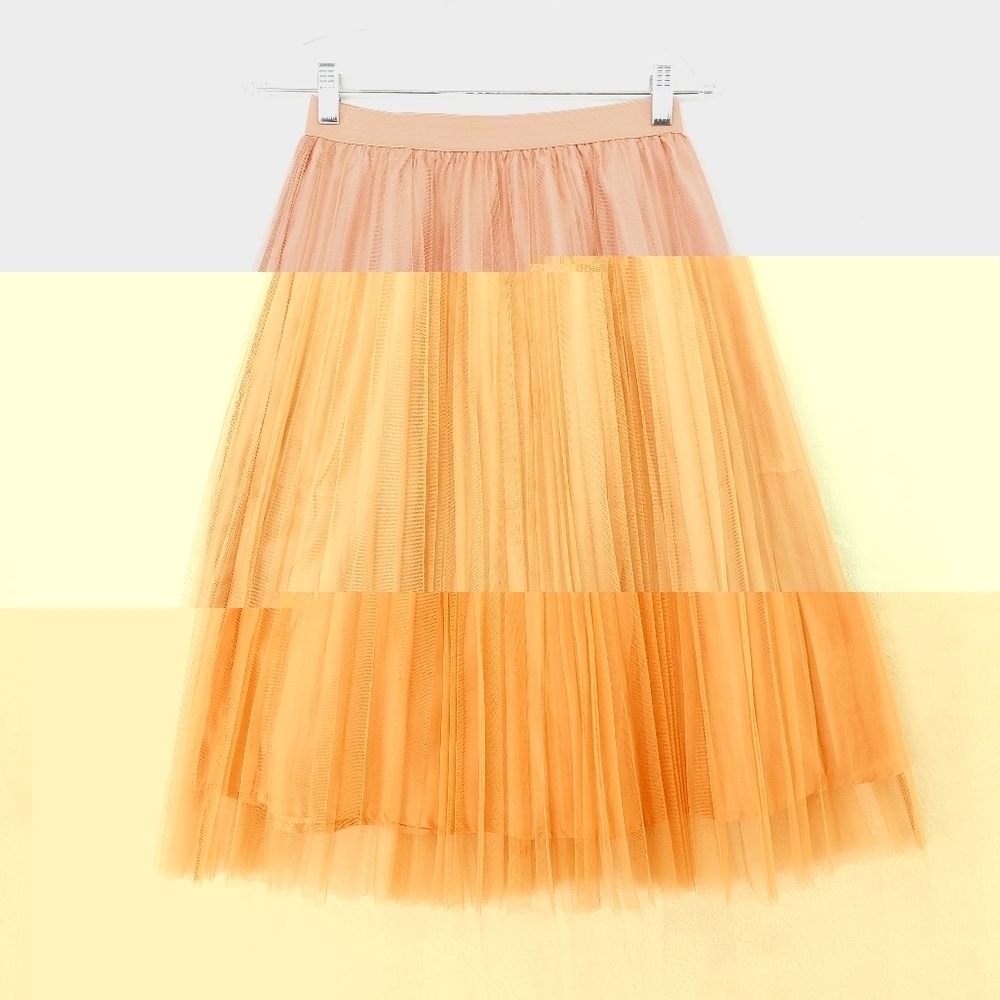 Pink Owl Pleated Mesh Pink Peach Elastic Band Summer Midi Skirt P3538